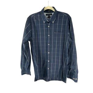 Tommy Hilfiger Men's Navy Blue Button-Down Shirt Windowpane Size M Cotton Blend